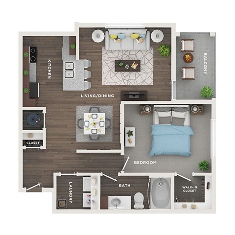Floor plan for 1 bed, 1 bath, 803 sqft